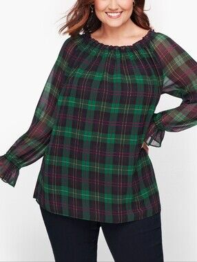Talbots Tartan Popover Blouse Plaid Blue Green Size 3X